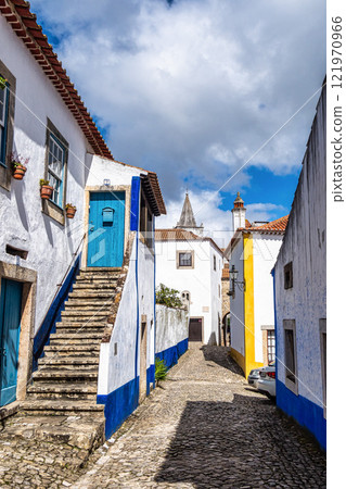 View of Obidos with renaissance Church of Saint Mary, Santa Maria at Obidos, Portugal 121970966
