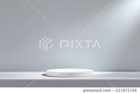 3d white podium in gray empty room with table. Background studio scene with platform for product presentation 121971184