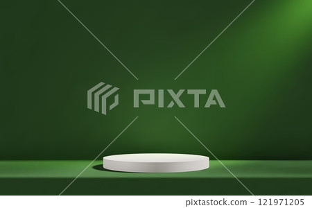 3d white podium in green empty room with table. Background studio scene with platform for product presentation 3d white podium in green empty room with table. Background studio scene with platform for product presentation 121971205