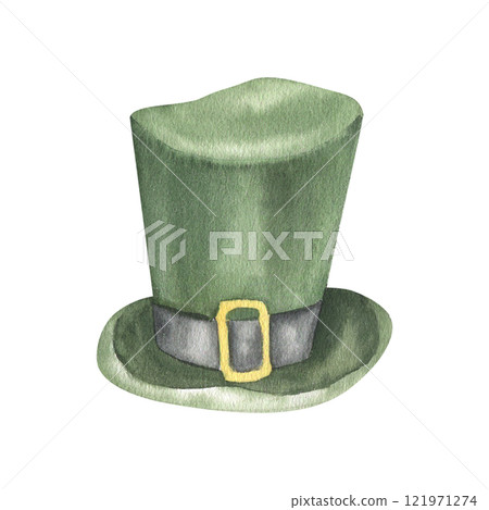Saint Patrick green hat with golden buckle watercolor illustration. Hand drawn spring festive element isolated on white for Irish traditional holiday card, label ,logo design Saint Patrick green hat with golden buckle watercolor illustration. Hand drawn spring festive element isolated on white for Irish traditional holiday card, label ,logo design 121971274