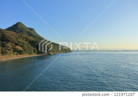 Looking towards the northern peak of Yashima and Takamatsu city from Nagasaki-no-hana at the tip of Yashima 121971287