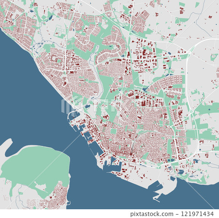 Map of Esbjerg, Denmark. Detailed city map with buildings, municipality area. Map of Esbjerg, Denmark. Detailed city map with buildings, municipality area. 121971434