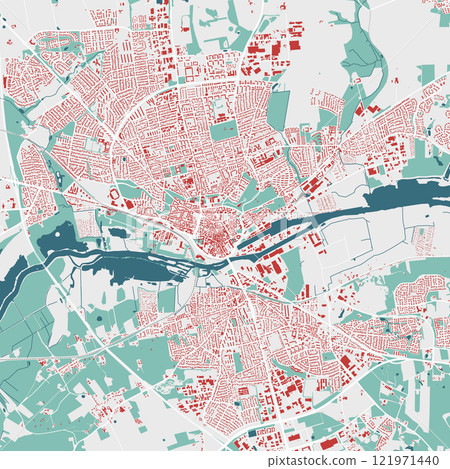 Map of Randers, Denmark. Detailed city map with buildings, municipality area. Map of Randers, Denmark. Detailed city map with buildings, municipality area. 121971440