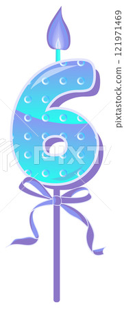 Happy Birthday cake font with blue candle. Six year, symbol of number anniversary. Quinceanera girl party decor. Cartoon vector illustration. 121971469
