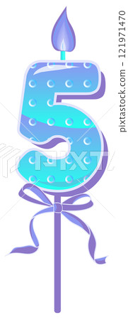 Happy Birthday cake font with blue candle. five year, symbol of number anniversary. Quinceanera girl party decor. Cartoon vector illustration. Happy Birthday cake font with blue candle. five year, symbol of number anniversary. Quinceanera girl party decor. Cartoon vector illustration. 121971470