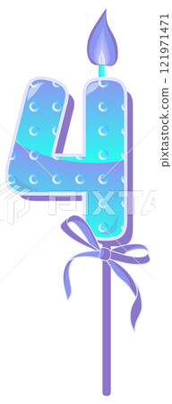 Happy Birthday cake font with blue candle. four year, symbol of number anniversary. Quinceanera girl party decor. Cartoon vector illustration. 121971471