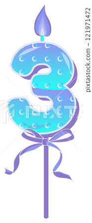 Happy Birthday cake font with blue candle. three year, symbol of number anniversary. Quinceanera girl party decor. Cartoon vector illustration. Happy Birthday cake font with blue candle. three year, symbol of number anniversary. Quinceanera girl party decor. Cartoon vector illustration. 121971472
