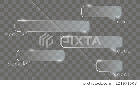 Chat dialog boxes glases. Set of realistic glass speech ballon Transparent frosted acrylic speech bubble on checkered gray background Realistic matte plexiglass message shapes. Vector illustration 121971508