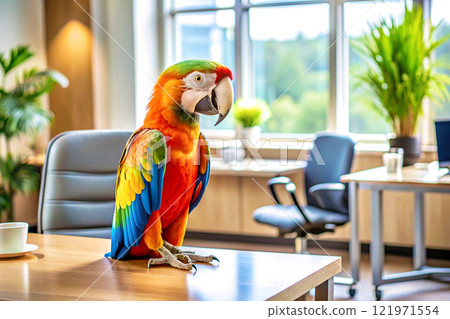 Colored funny parrot boss, manager, chief on the desktop in the office 121971554