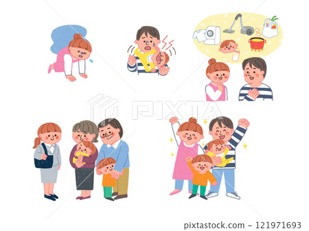 用色鉛筆繪製的幫助做家事的家庭的插圖集 用色鉛筆繪製的幫助做家事的家庭的插圖集 121971693