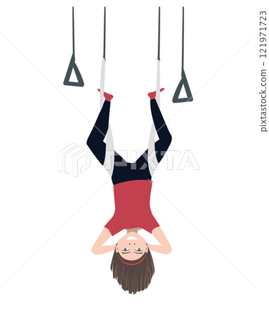 Happy kid hanging upside down in an aerial hammock. Fly yoga vector isolated illustration 121971723