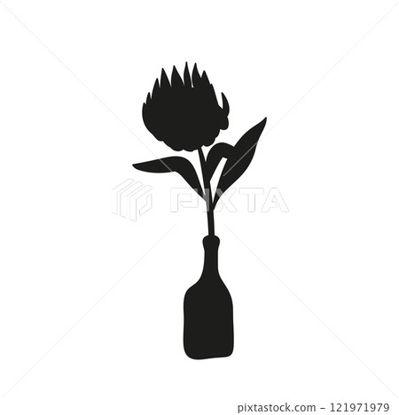 Black linocut silhouette of potted flower protea Black linocut silhouette of potted flower protea 121971979