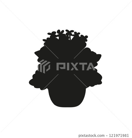Black linocut silhouette of potted houseplant kalanchoe 121971981