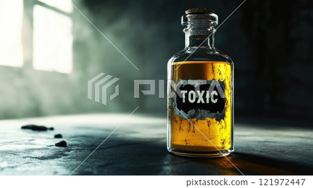 glass bottle with yellow toxic liquid 121972447