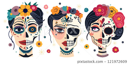 Vector bright set of sugar skulls. Catrina heads. Female faces on one side and skulls on another. Mexican Day of the Dead. Cinco de Mayo Vector bright set of sugar skulls. Catrina heads. Female faces on one side and skulls on another. Mexican Day of the Dead. Cinco de Mayo 121972609