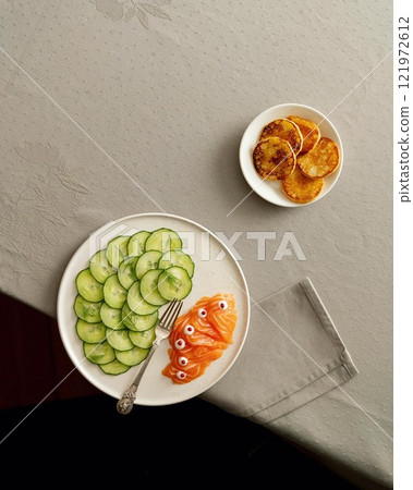 Food Styling Salmon Cucumber Blini Sour Cream Food Styling Salmon Cucumber Blini Sour Cream 121972612