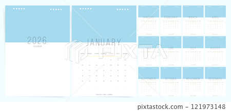 Clean Calendar 2026, Calendar 2026 Sunday Start Minimal Blue Corporate Design Template Clean Calendar 2026, Calendar 2026 Sunday Start Minimal Blue Corporate Design Template 121973148
