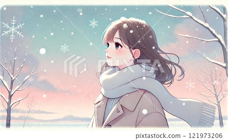 A woman standing in the snow 121973206