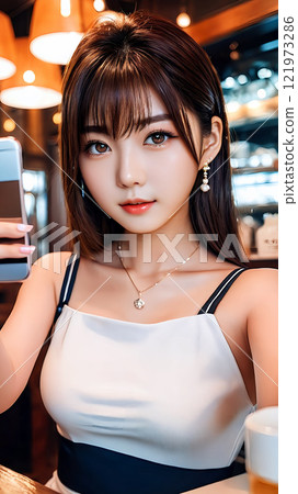 年輕女子在咖啡館酒吧自拍 直播 Instagram 值得[AI 生成圖像] 121973286