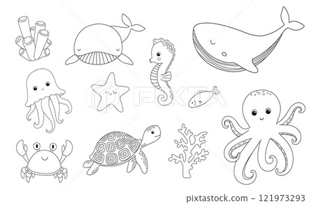 Outline sea animals set for children. Vector line nautical illustration for coloring book, whale, seahorse,octopus and jellyfish Outline sea animals set for children. Vector line nautical illustration for coloring book, whale, seahorse,octopus and jellyfish 121973293