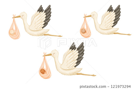 Cute stork with newborn baby. Watercolor hand drawn cartoon illustration isolated on white 121973294