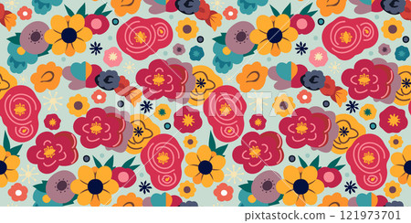 Vector seamless floral pattern in boho style. Bright decorative flowers on light blue background Vector seamless floral pattern in boho style. Bright decorative flowers on light blue background 121973701