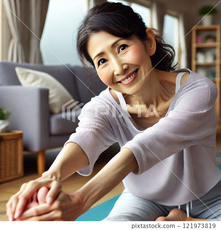 一位女士在客廳做伸展運動 121973819