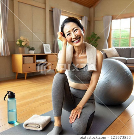 A woman sweating at home fitness A woman sweating at home fitness 121973833