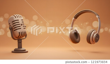Brown Microphone and Floating Headphones with Soft Bokeh Background Brown Microphone and Floating Headphones with Soft Bokeh Background 121973834