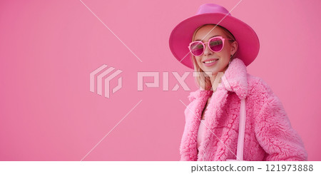 Stylish woman poses in vibrant pink outfit against a matching background. Stylish woman poses in vibrant pink outfit against a matching background. 121973888
