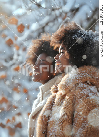 Enjoying a snowy day, two friends embrace the winter wonderland in a serene moment of joy and laughter. 121973919