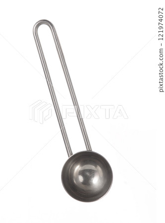 Metal coffee or other dry ingredients scoop with a long handle,made of stainless steel, isolated on a white background Metal coffee or other dry ingredients scoop with a long handle,made of stainless steel, isolated on a white background 121974072