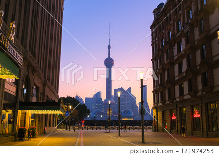 Nanjing East Road and skyscrapers in the early morning in Shanghai, China Nanjing East Road and skyscrapers in the early morning in Shanghai, China 121974253