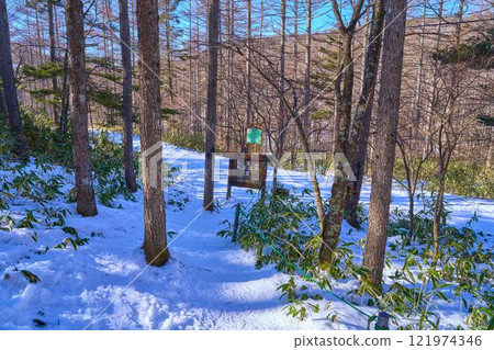 Signpost at the entrance to Nyukasayama Marsh in Fujimi Town, Nagano Prefecture in winter 121974346