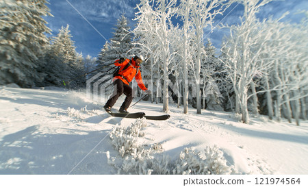 Freeride in fresh powder snow during sunny day. 121974564