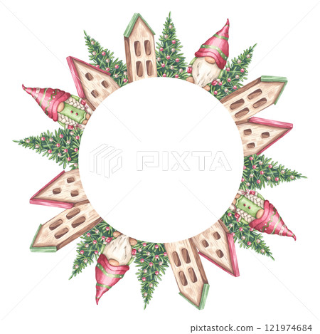 Wooden little house, christmas tree, gnomes wreath round frame. Miniature New Year village town. Cottage with red green sloping roof. Hand drawn watercolor illustration isolated background Wooden little house, christmas tree, gnomes wreath round frame. Miniature New Year village town. Cottage with red green sloping roof. Hand drawn watercolor illustration isolated background 121974684