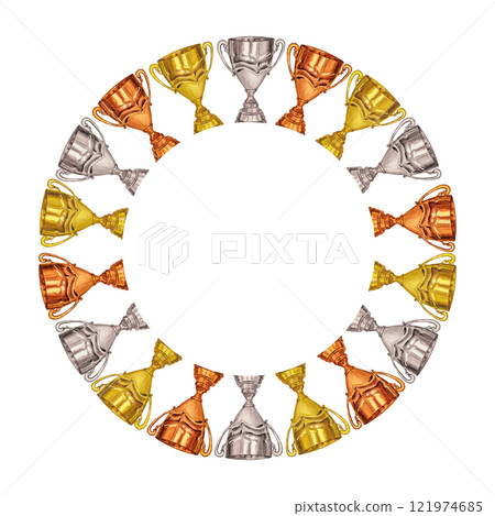 Golden silver bronze winner cup trophy, victory, prize. Round wreath frame. Hand draw watercolor illustration isolated on white background. Template for a diploma competition, sport, logo Golden silver bronze winner cup trophy, victory, prize. Round wreath frame. Hand draw watercolor illustration isolated on white background. Template for a diploma competition, sport, logo 121974685