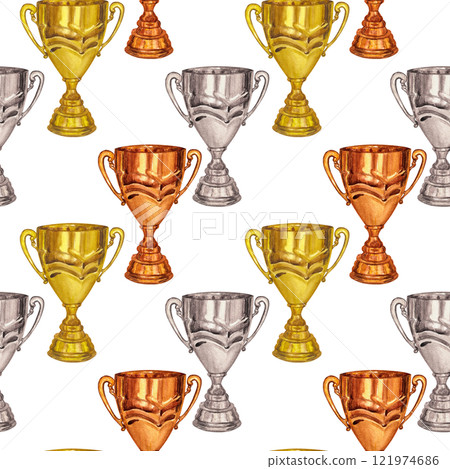 Golden silver bronze winner cup trophy, victory, prize seamless pattern. Hand draw watercolor illustration isolated on white background. Textile, print, wrapping paper Golden silver bronze winner cup trophy, victory, prize seamless pattern. Hand draw watercolor illustration isolated on white background. Textile, print, wrapping paper 121974686