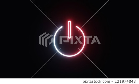 Glowing neon power button symbol in red and white on a black background. Futuristic energy and technology concept illustration 121974848