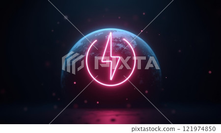 Glowing neon lightning bolt symbol over Earth in space with a dark background. Futuristic energy and technology concept 121974850