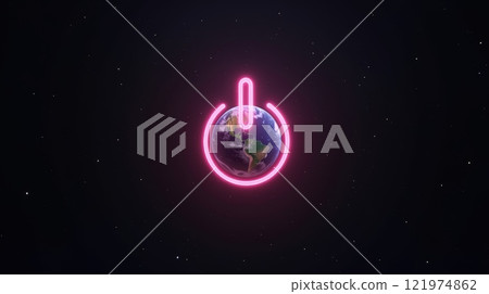 Planet Earth with neon pink power button symbol on a dark outer space background. Global environmental awareness and Earth Hour concept 121974862