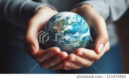 Hands holding a miniature Earth globe with a detailed view of continents and oceans. Close-up photography of sustainability concept 121974864
