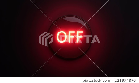 Red neon OFF button glowing in the dark with a glossy surface and subtle reflection. Minimalist concept for design and technology 121974876