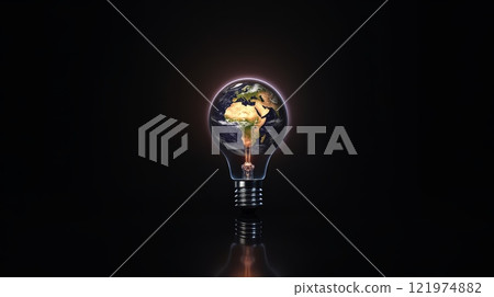 Planet Earth inside a light bulb on a black background. Conceptual design for energy conservation and environmental awareness 121974882