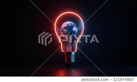 Glowing light bulb with Planet Earth inside, surrounded by neon red light on a dark background. Energy and sustainability concept 121974883