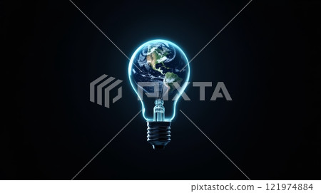 Planet Earth inside a glowing light bulb with blue neon outline on a dark background. Concept for energy, innovation, and ecology 121974884