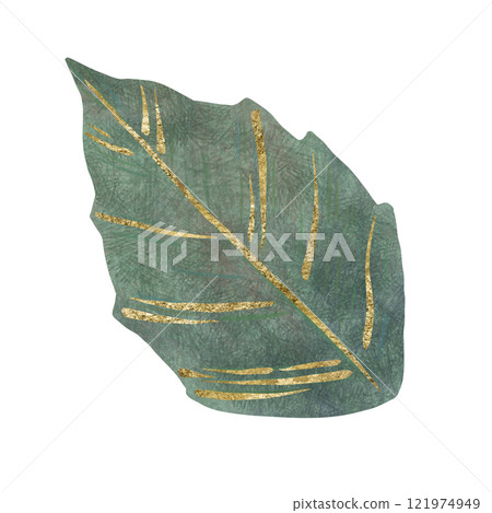 Floral green leaf with gold ornament, unique digital handmade illustration isolated on white background. For creating holiday greeting cards and invitations, packaging, printing on textiles, wallpaper Floral green leaf with gold ornament, unique digital handmade illustration isolated on white background. For creating holiday greeting cards and invitations, packaging, printing on textiles, wallpaper 121974949