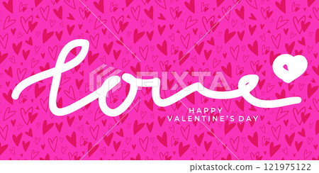 Happy Valentines Day banner with hearts pattern and handwriting Love on pink background. Modern art design, Valentines Day concept. Vector illustration 121975122