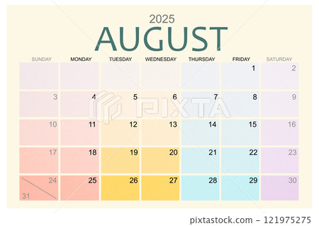August 2025 Colorful calendar page isolated on white background. 121975275