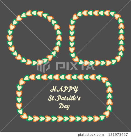 Cute love frame set. Hand drawn decorative doodle heart symbol, border collection, Irish tricolour Celtic decor kit, circle, square, rectangle shapes for web cards design. Vector illustration 121975437